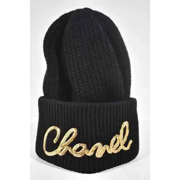 Chanel 22A Cashmere Black Gold Sequin CC Logo Beanie Winter Hat Cap Cloche - Picture 2 of 12